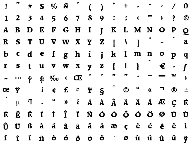 Raleigh-Bold Regular  glyph index