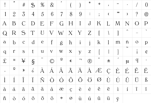 Verona-Xlight Regular  glyph index