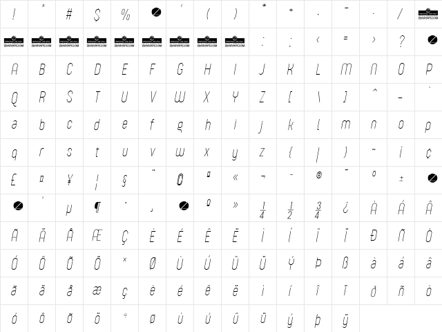 Sugo Pro Display Trial Thin Italic  glyph index