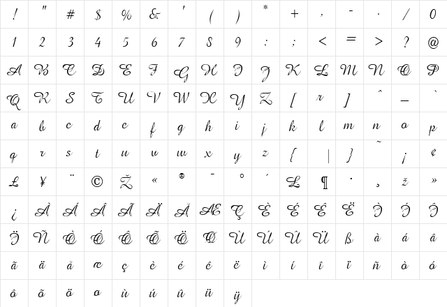 Amapola Regular  glyph index