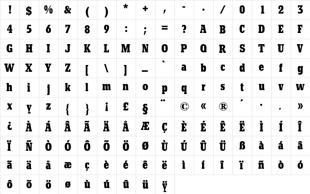 Beton BQ Regular  glyph index