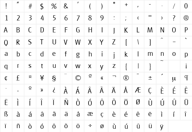 Glasgow-Serial-Light Regular  glyph index