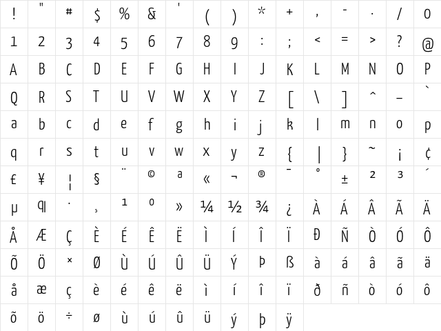 Yanone Kaffeesatz Light  glyph index