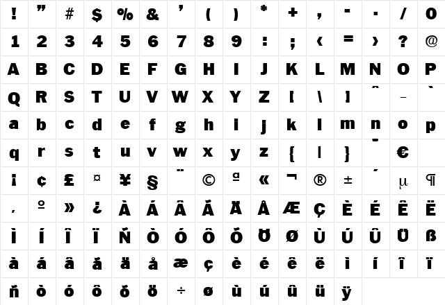 Plymouth-Heavy Regular  glyph index