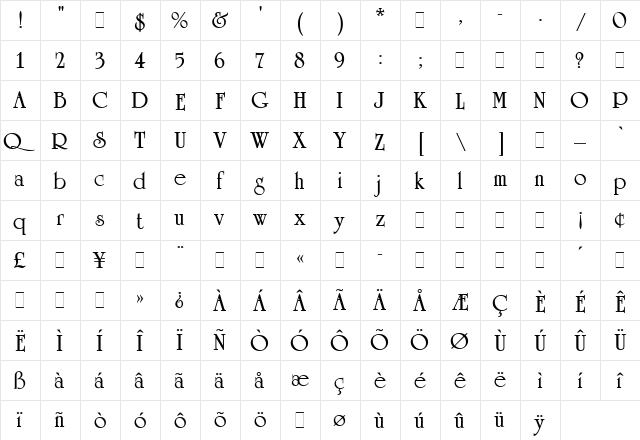 UniversityRoman-Bold Bold  glyph index