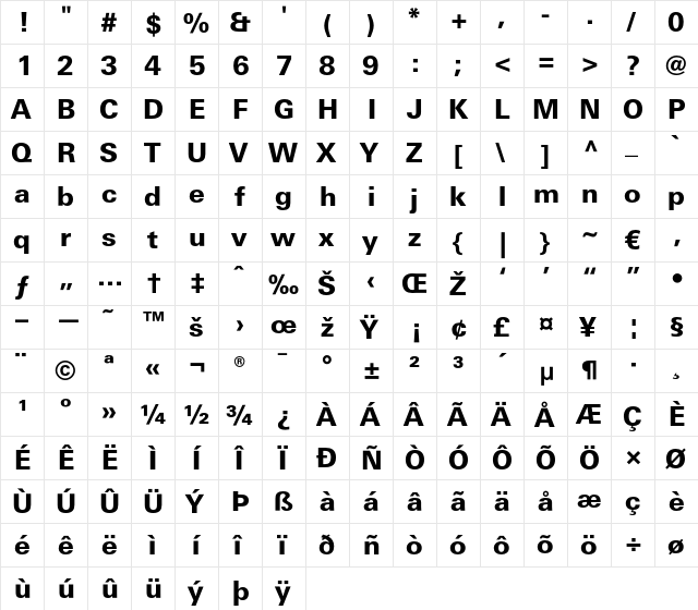 LTUnivers 730 BasicHeavy  glyph index