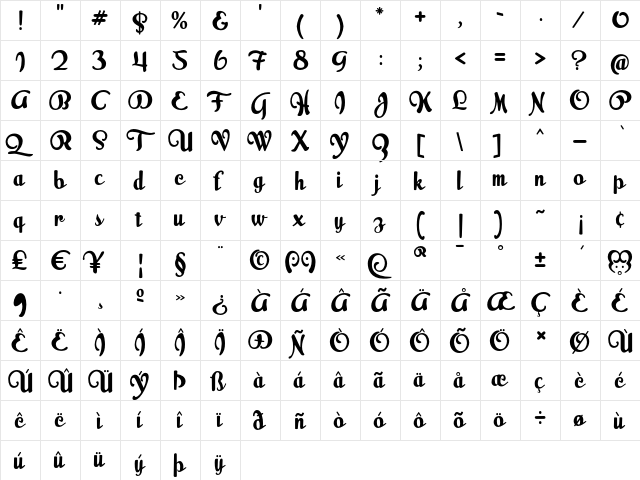 Milk Script Regular  glyph index