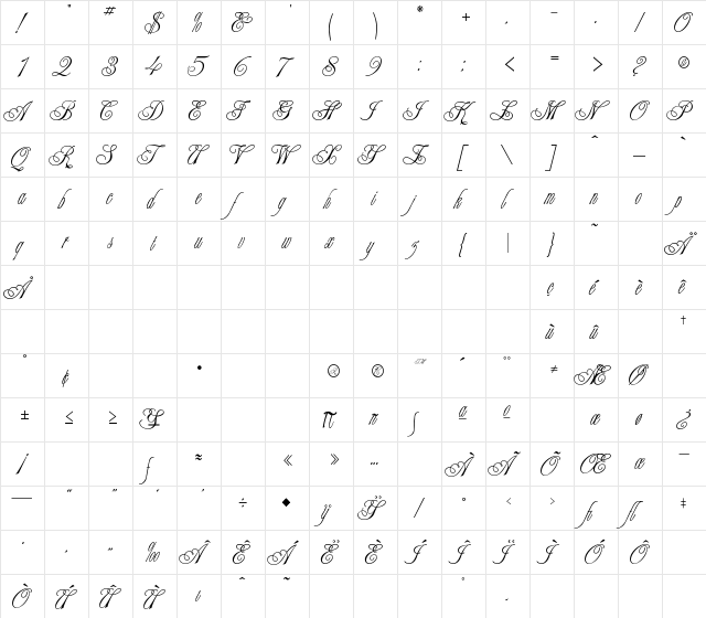 ITFChampagneScript Regular  glyph index