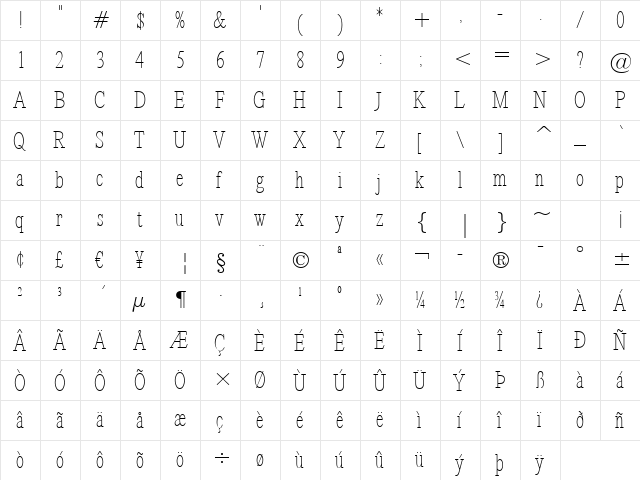 Revelation BTN Cond Lt Regular  glyph index