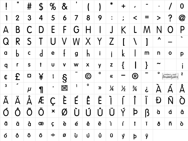 Dreamspeak Bold  glyph index