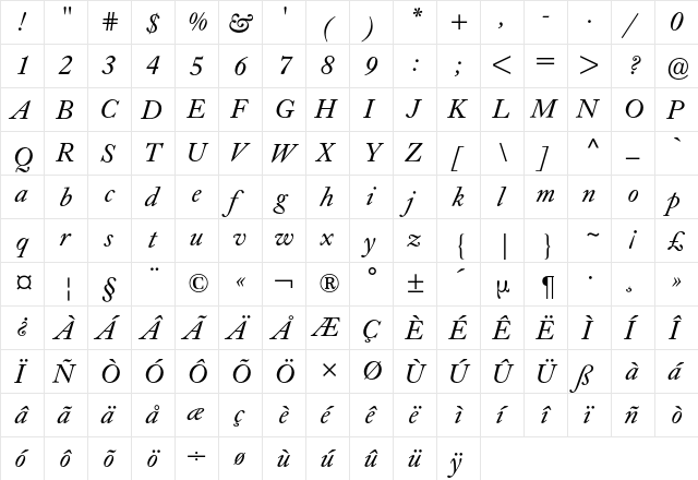 Caslon Buch BQ Regular  glyph index