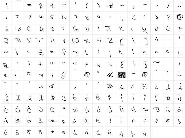 JessiesHand Regular  glyph index