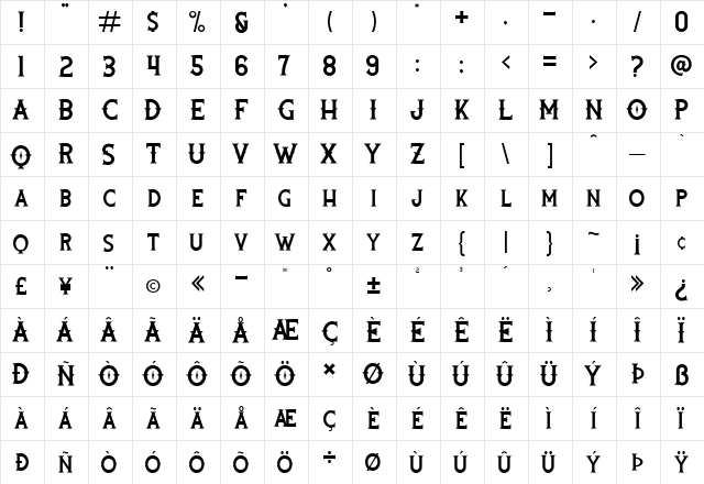 Rooters Regular  glyph index