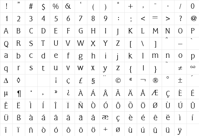 FlemingLight Regular  glyph index