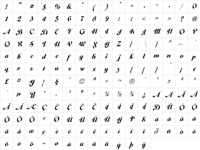 Cabarga CursivaICGSolid  glyph index