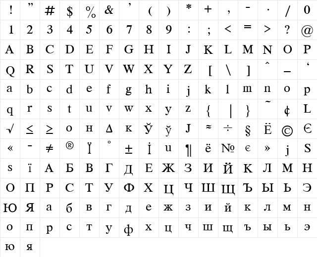 Respect Medium  glyph index