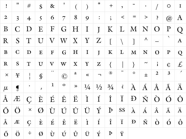 Galliard Regular  glyph index