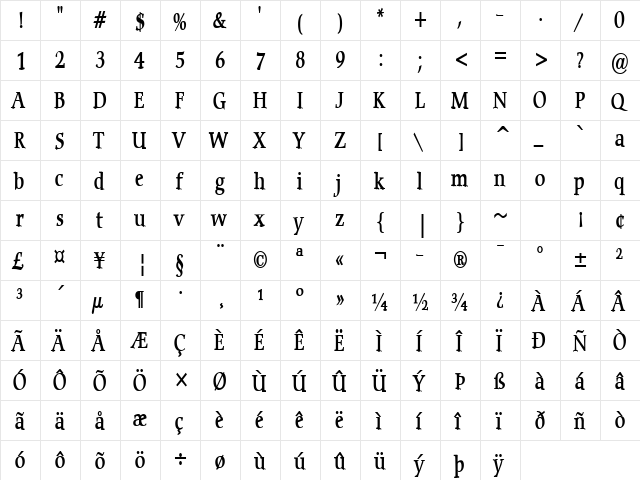 Carmine-Condensed Bold  glyph index