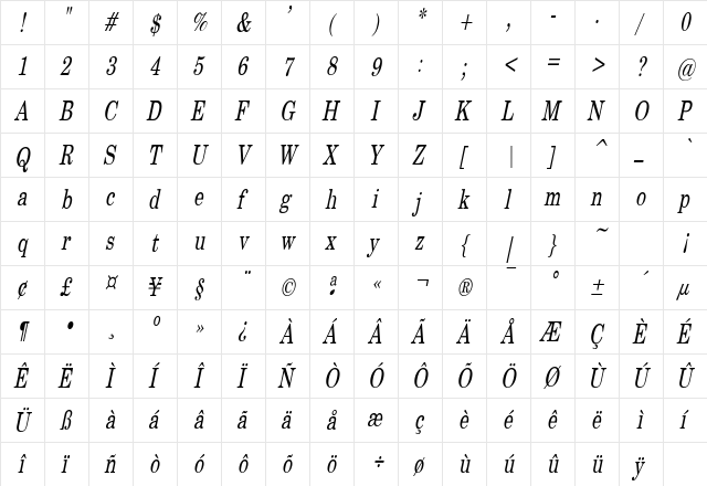 CenturySWCondensed Italic  glyph index