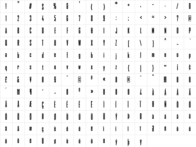 AgencyFB BoldCompressed  glyph index
