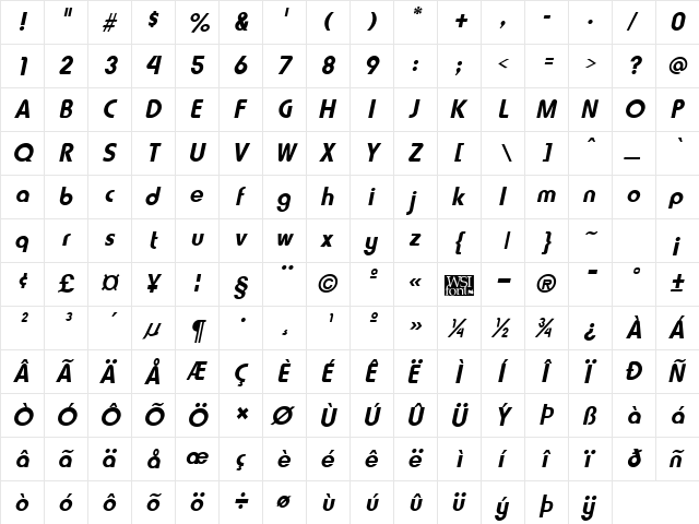 HammerFat Italic  glyph index
