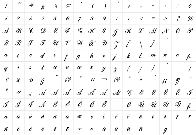 Commercial Script Regular  glyph index