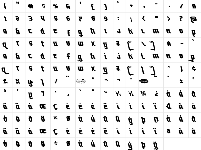 Empire Crown Leftalic Italic  glyph index