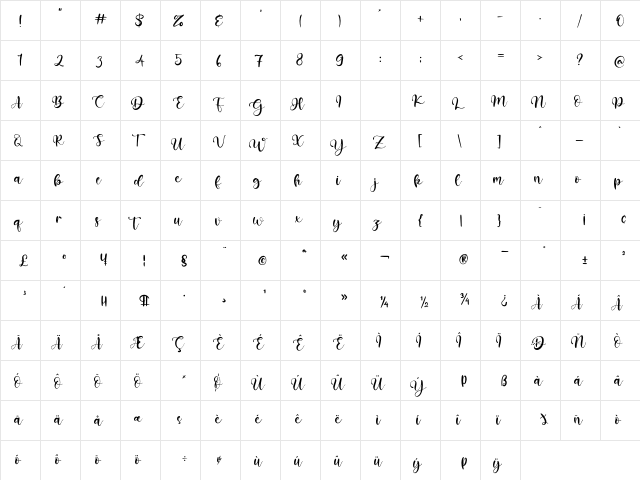 Envellope Regular  glyph index