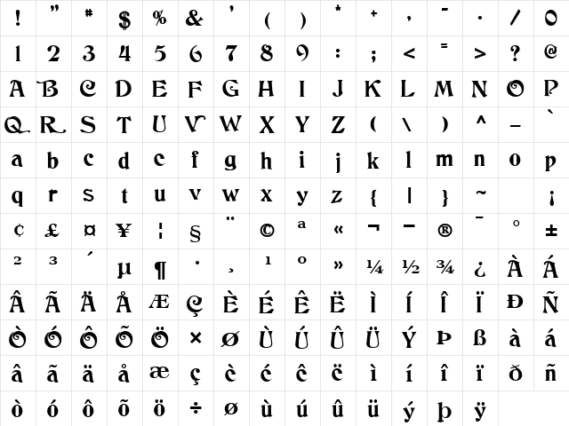 Dancing Regular  glyph index