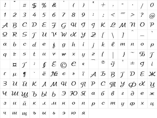 Uk_Arbat Regular  glyph index