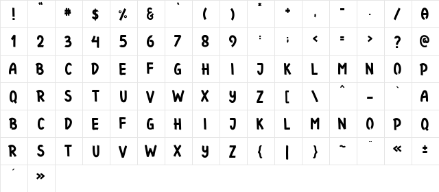 Funbold Regular  glyph index