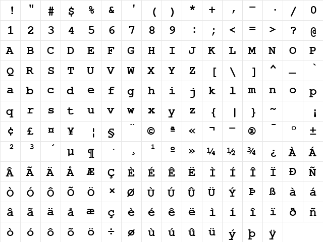 FreeMono Bold  glyph index