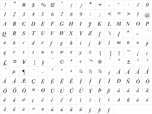 Ehrhardt MT Italic  glyph index