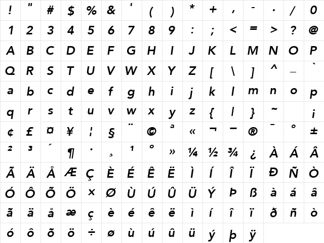 ExpoSSK BoldItalic  glyph index