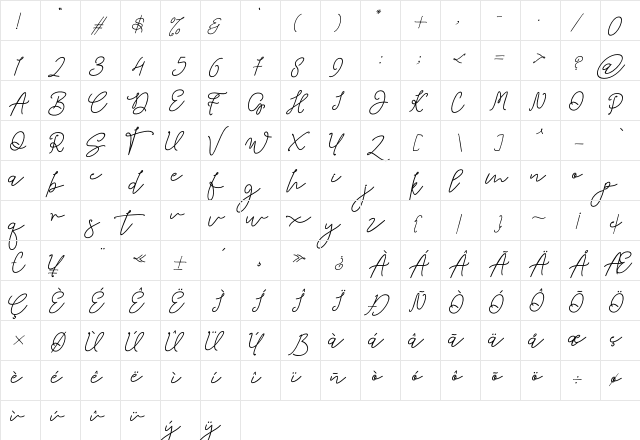Wimter White Regular  glyph index