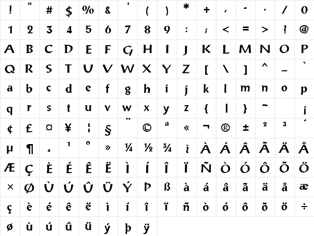 Zanders Bold  glyph index