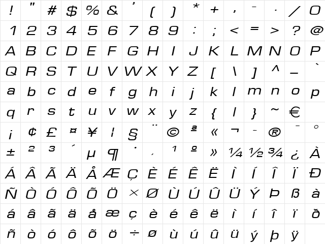EurasiaExtended Italic  glyph index