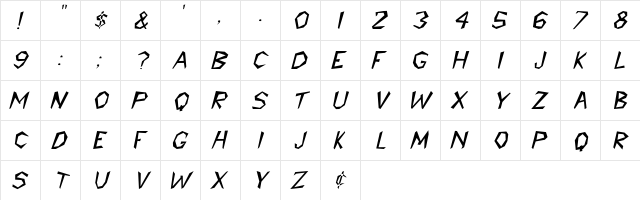 Cavemann Italic  glyph index