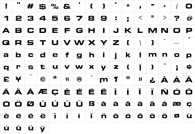 Euro Ext Bold Regular  glyph index