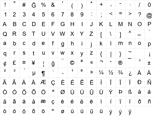 Guarani_Arial Regular  glyph index