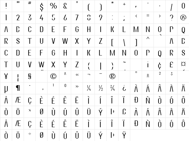 Metropolitan Regular  glyph index