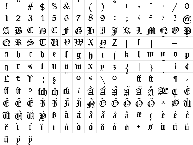 Old English Five Regular  glyph index