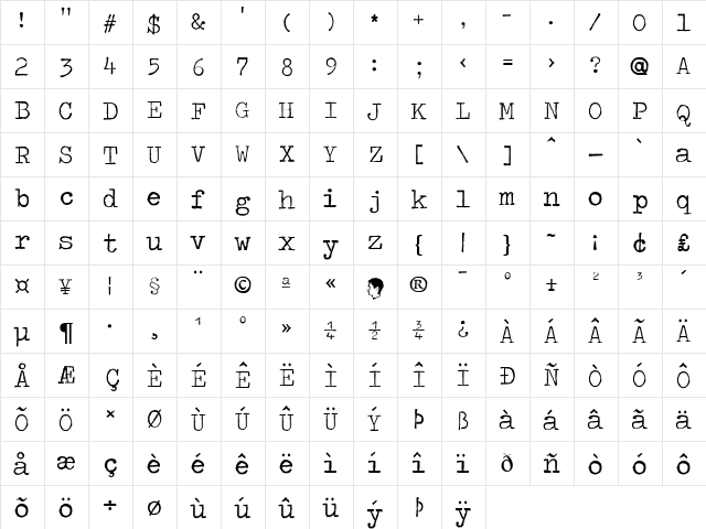 Traveling _Typewriter Regular  glyph index