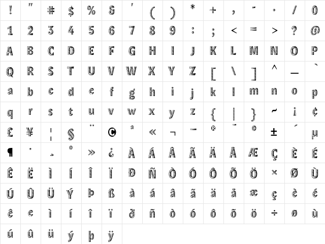 Lexicon Headline Xylo Regular  glyph index