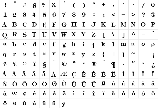 Tiffany-Bold Regular  glyph index