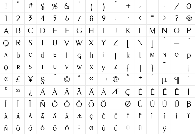 Piano Light Regular  glyph index
