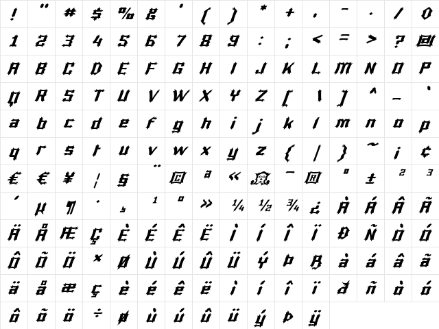 Luciferius Italic  glyph index