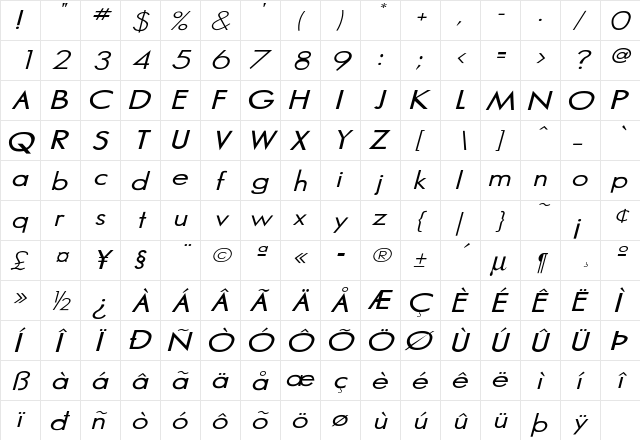 Marina Italic  glyph index