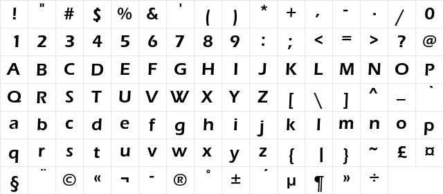 ErasDemiC Regular  glyph index