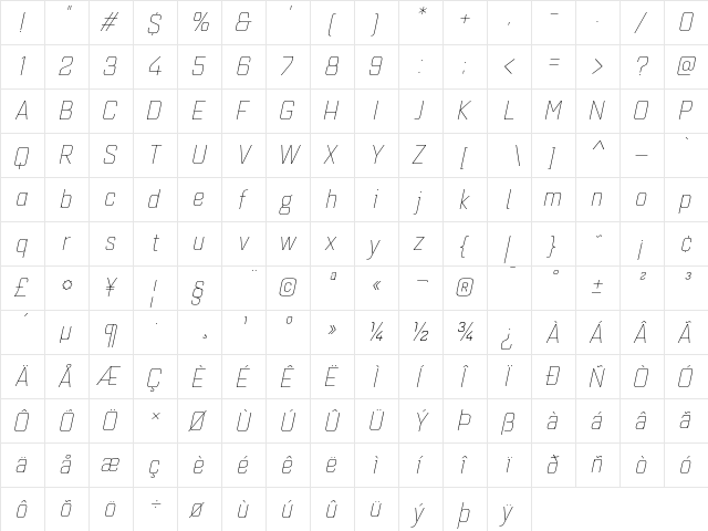 Quarca Norm Thin Italic  glyph index